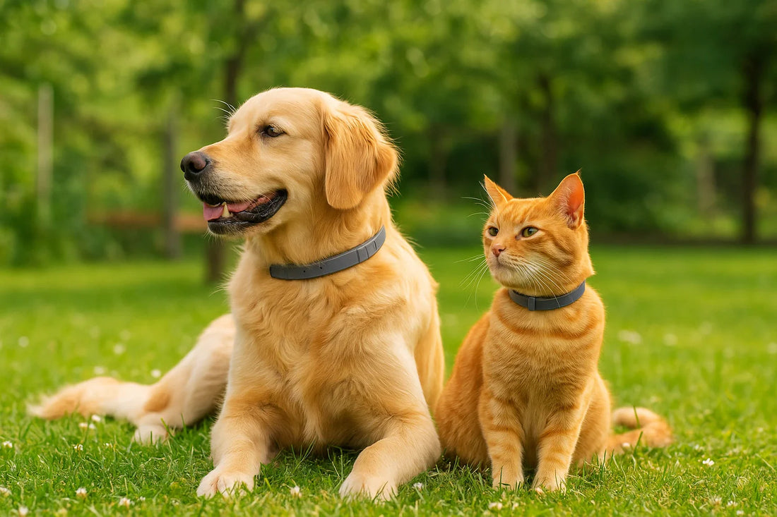 Dog and cat wearing waterproof flea and tick collars by DrPaws, sitting peacefully outdoors in a natural setting.