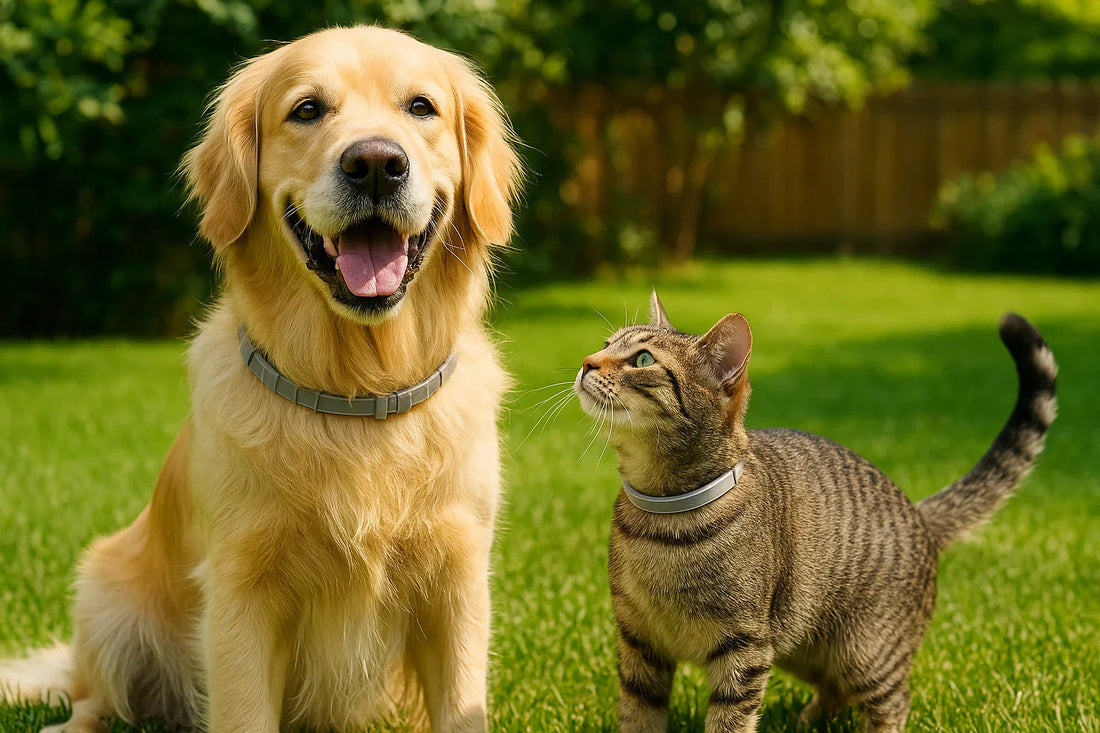 Golden Retriever and tabby cat sitting together in a sunny backyard, both wearing visible gray flea and tick collars, surrounded by green grass and a blurred wooden fence.