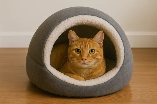 Ginger tabby cat relaxing inside a gray cozy cave bed, looking out calmly in a warm, minimalist home setting.