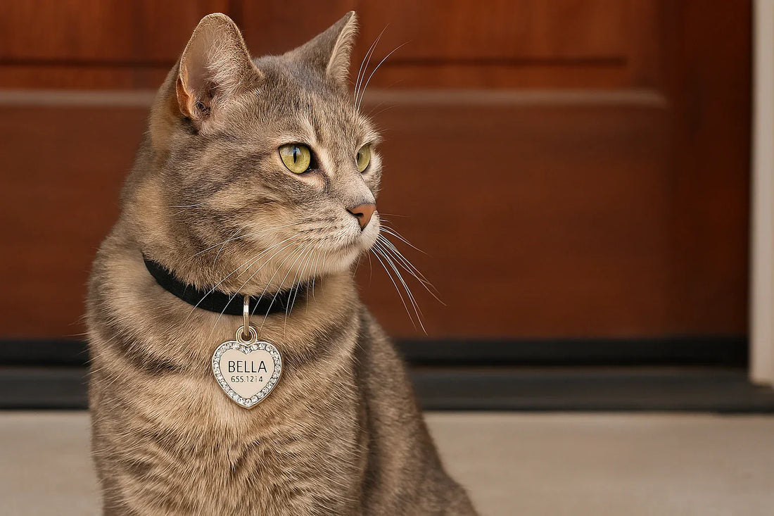 Cat wearing a personalized crystal ID tag on its collar with engraved phone number, sitting at a front door after returning home."