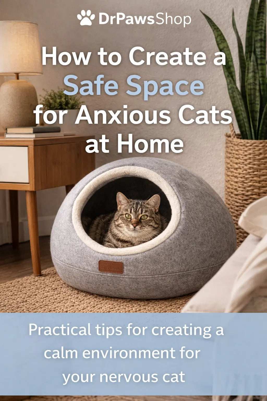 Anxious cat resting safely in a cozy cat cave in a calm home interior