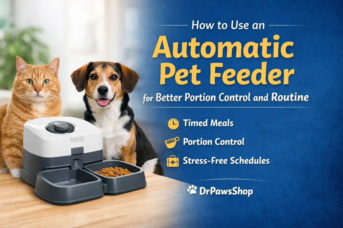 Automatic pet feeder for portion control and routine with a cat, dog, and SmartMeal Timer Feeder in a home setting