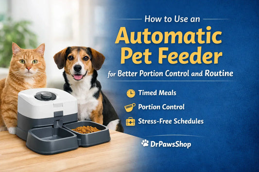 Automatic pet feeder for portion control and routine with a cat, dog, and SmartMeal Timer Feeder in a home setting