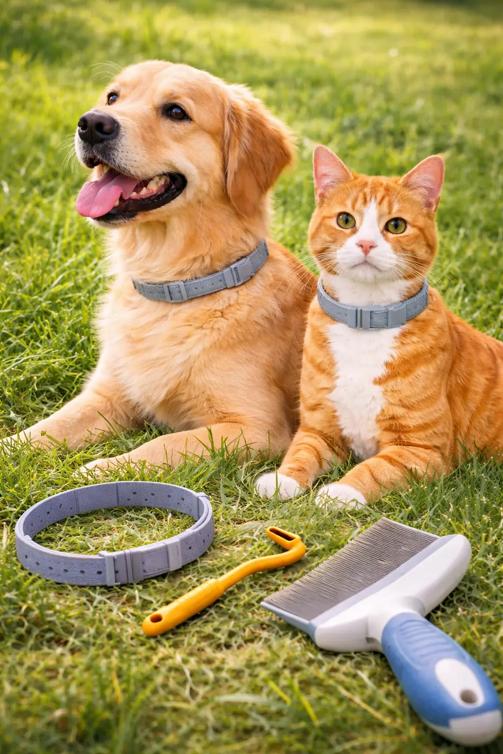 Dog and cat wearing flea and tick collars with tick remover tool and grooming brush on grass
