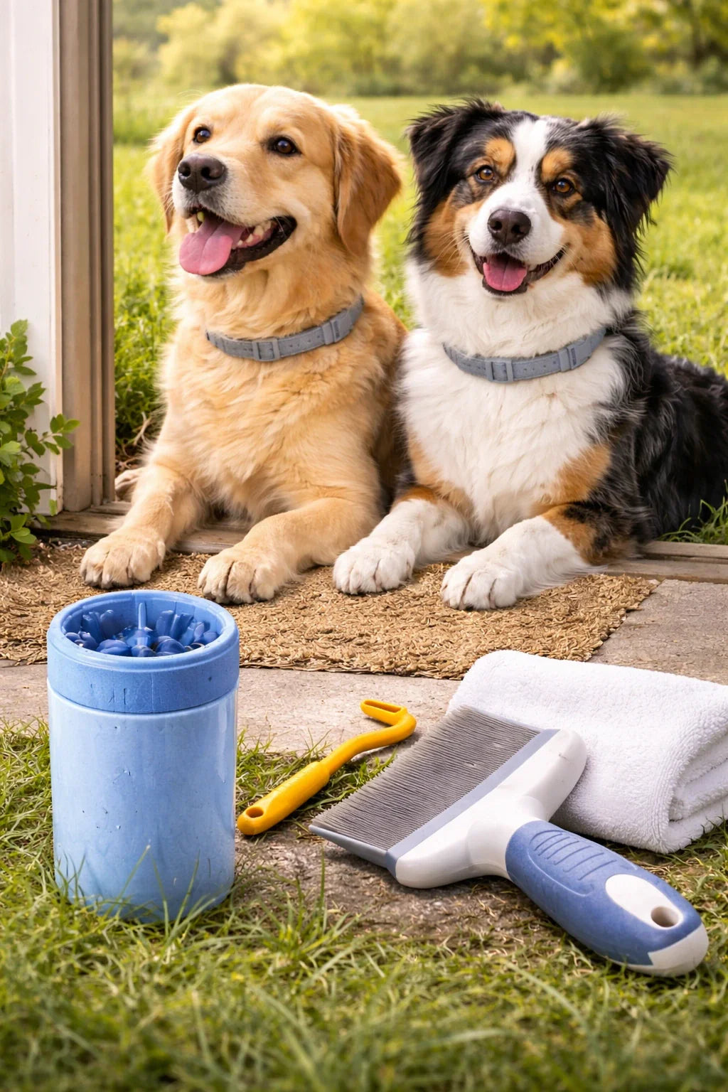 Two dogs by the doorway with a dog paw cleaner, towel, tick remover, and grooming brush after an outdoor walk