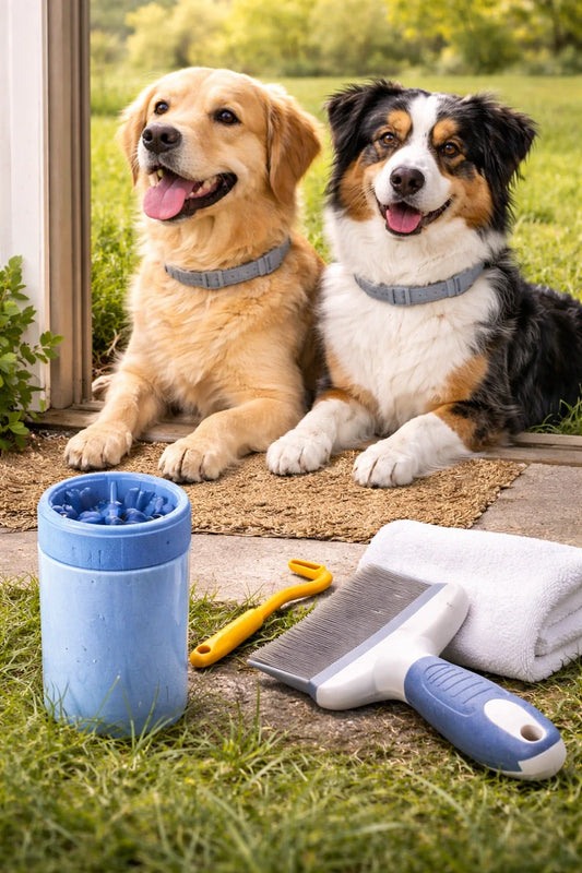 Two dogs by the doorway with a dog paw cleaner, towel, tick remover, and grooming brush after an outdoor walk