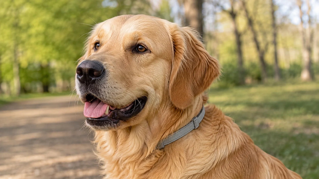 Dog wearing a flea collar outdoors