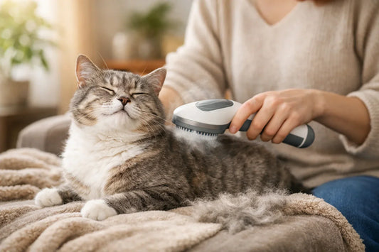 Cat being gently groomed at home with a grooming brush to reduce shedding and hairballs