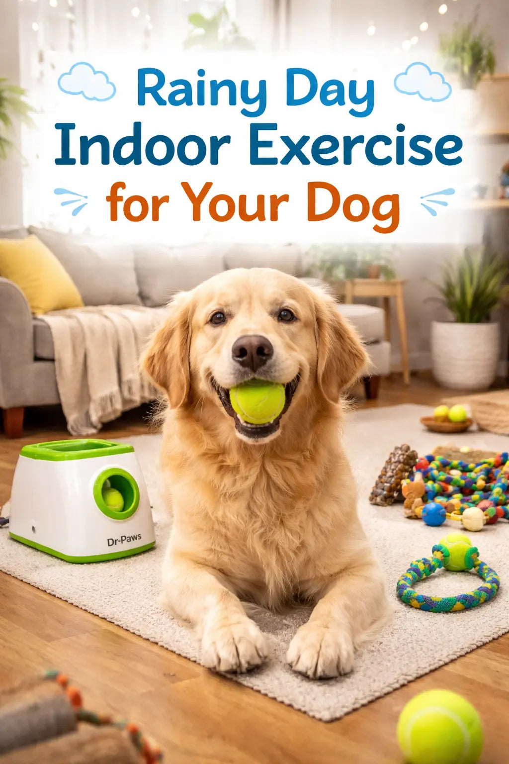 Dog indoors with a ball launcher and toys for rainy day exercise in a small living space