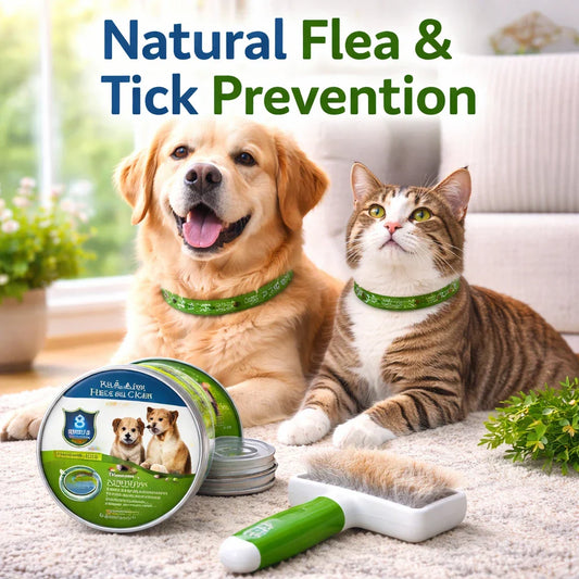 Dog and cat at home with a natural flea and tick collar, grooming brush, and pet care products