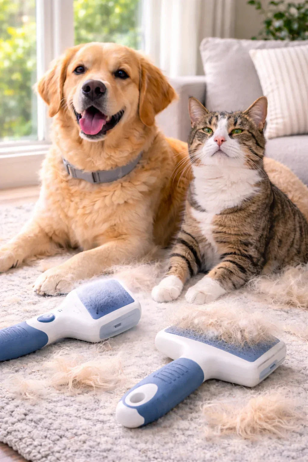 Dog and cat at home during spring shedding with grooming brushes and loose fur on the floor