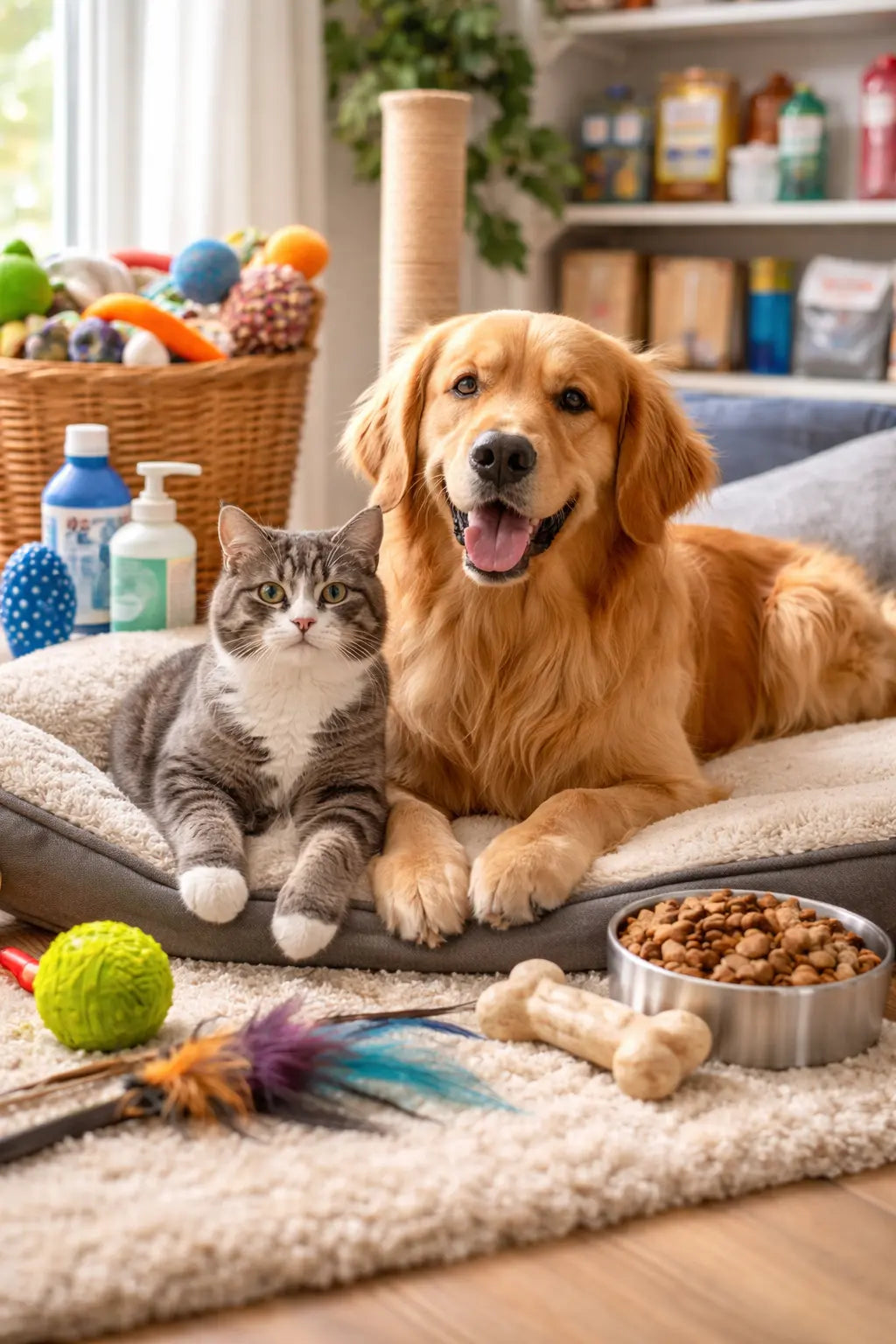 Dog and cat resting together on a cozy pet bed at home – top-rated pet products for everyday comfort