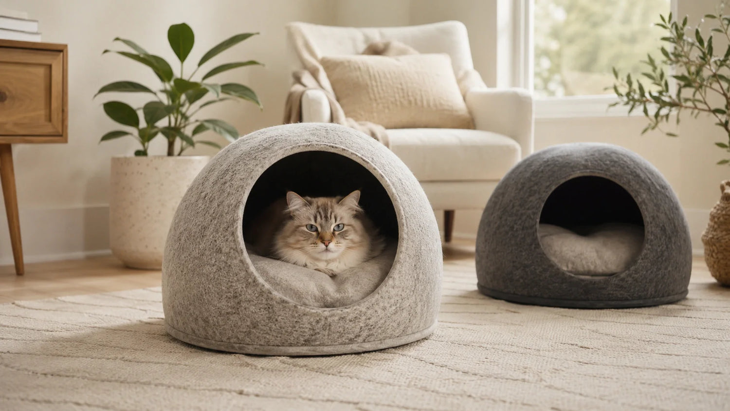 Cat cave beds for anxious and indoor cats in a cozy home