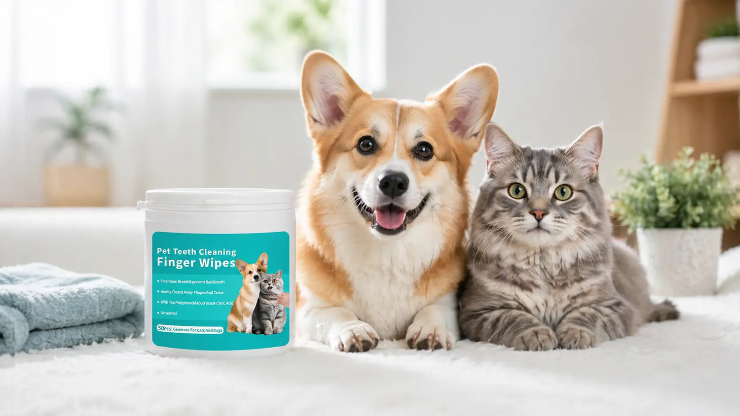 Pet dental care products for dogs and cats with FreshSmile dental finger wipes