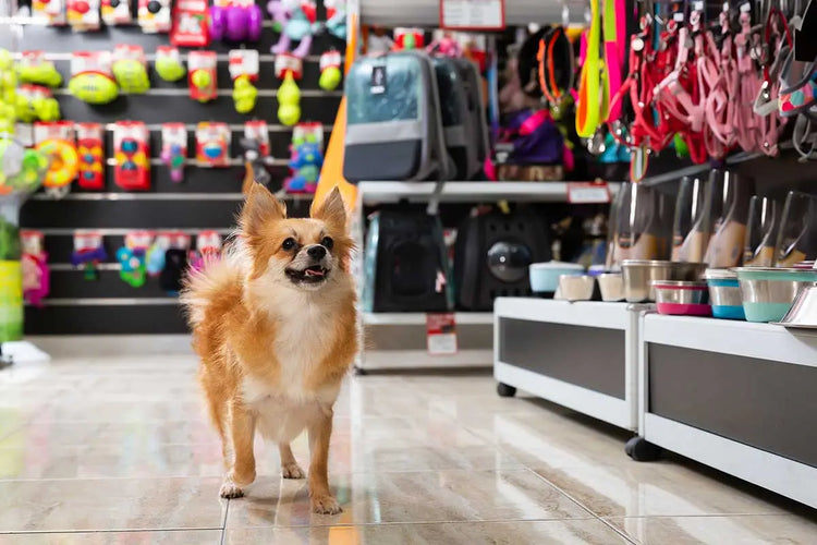 Dog standing in a pet store aisle – top-rated dog products and accessories