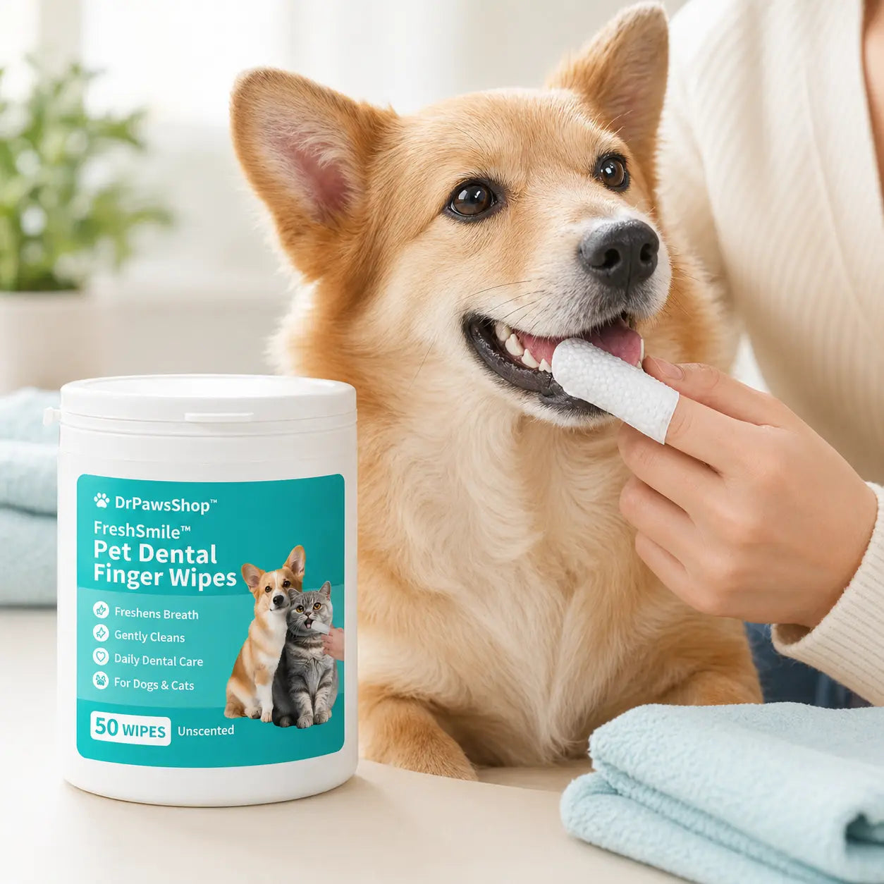 Pet owner gently cleaning a dog’s teeth with FreshSmile pet dental finger wipes