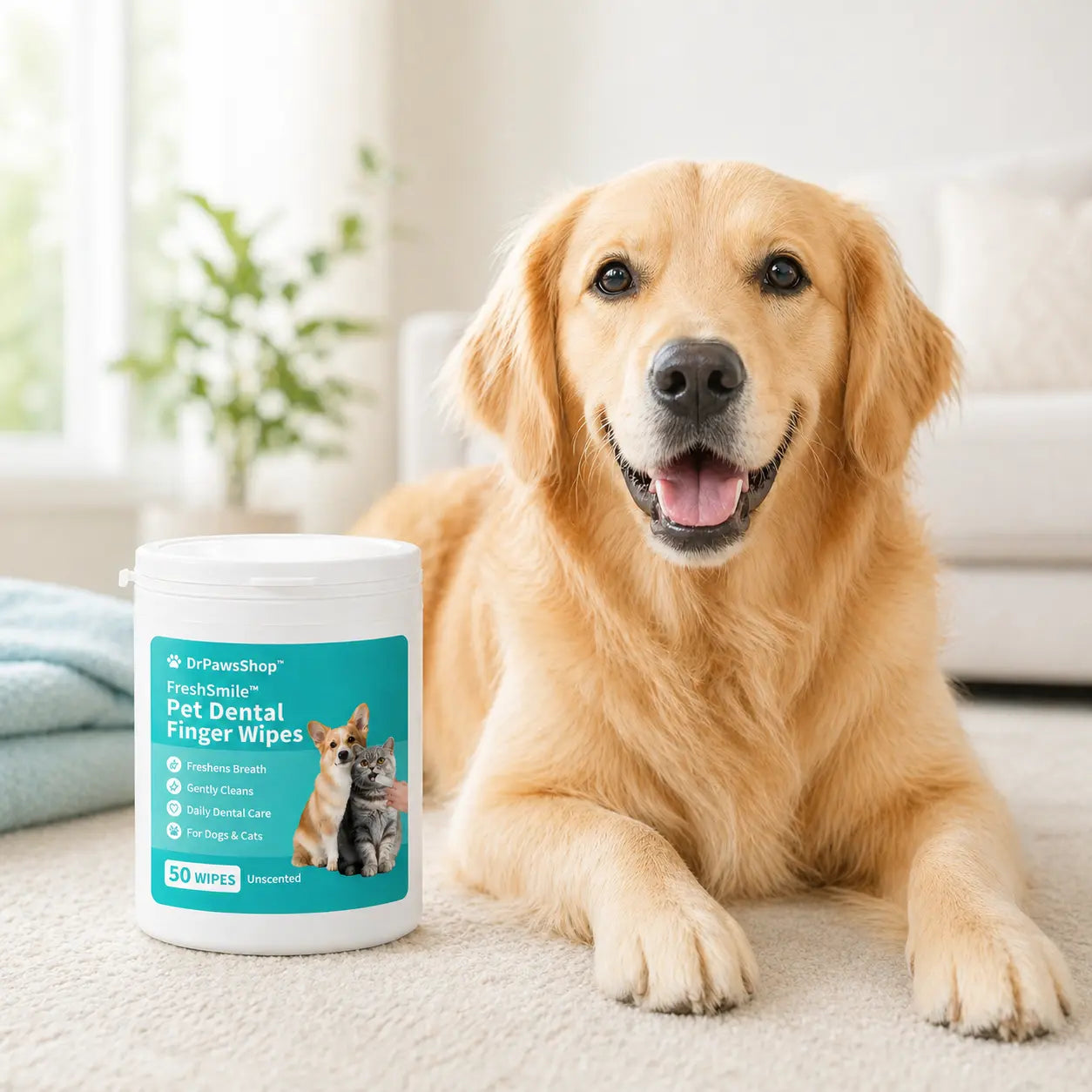 Happy clean dog next to FreshSmile pet dental finger wipes in a bright home setting