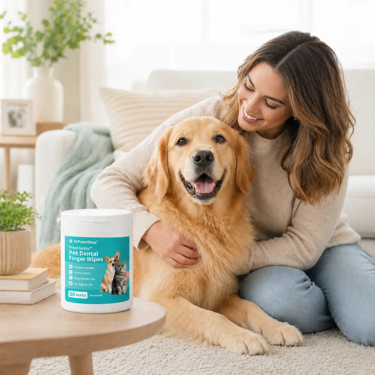 Happy dog with owner in a cozy home setting next to FreshSmile pet dental finger wipes